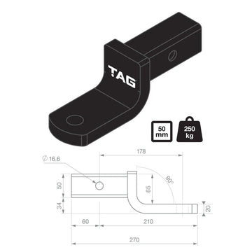 TAG Tow Ball Mount - 178mm Long, 90° Tongue Face, 50mm Square Hitch - Brixton 4x4 - Buy Online Now!